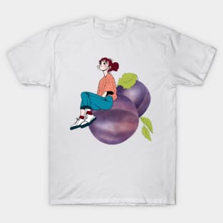 A Little Girl Sitting on Giant Colorful Fruits T-Shirt